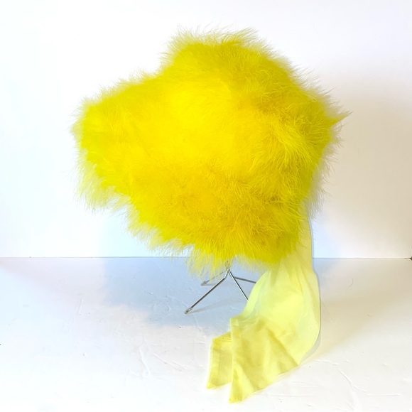 Vintage 1960s Happy Cappers Marabou Feather MCM Retro Mod Straw Hat - Yellow - Picture 2 of 10